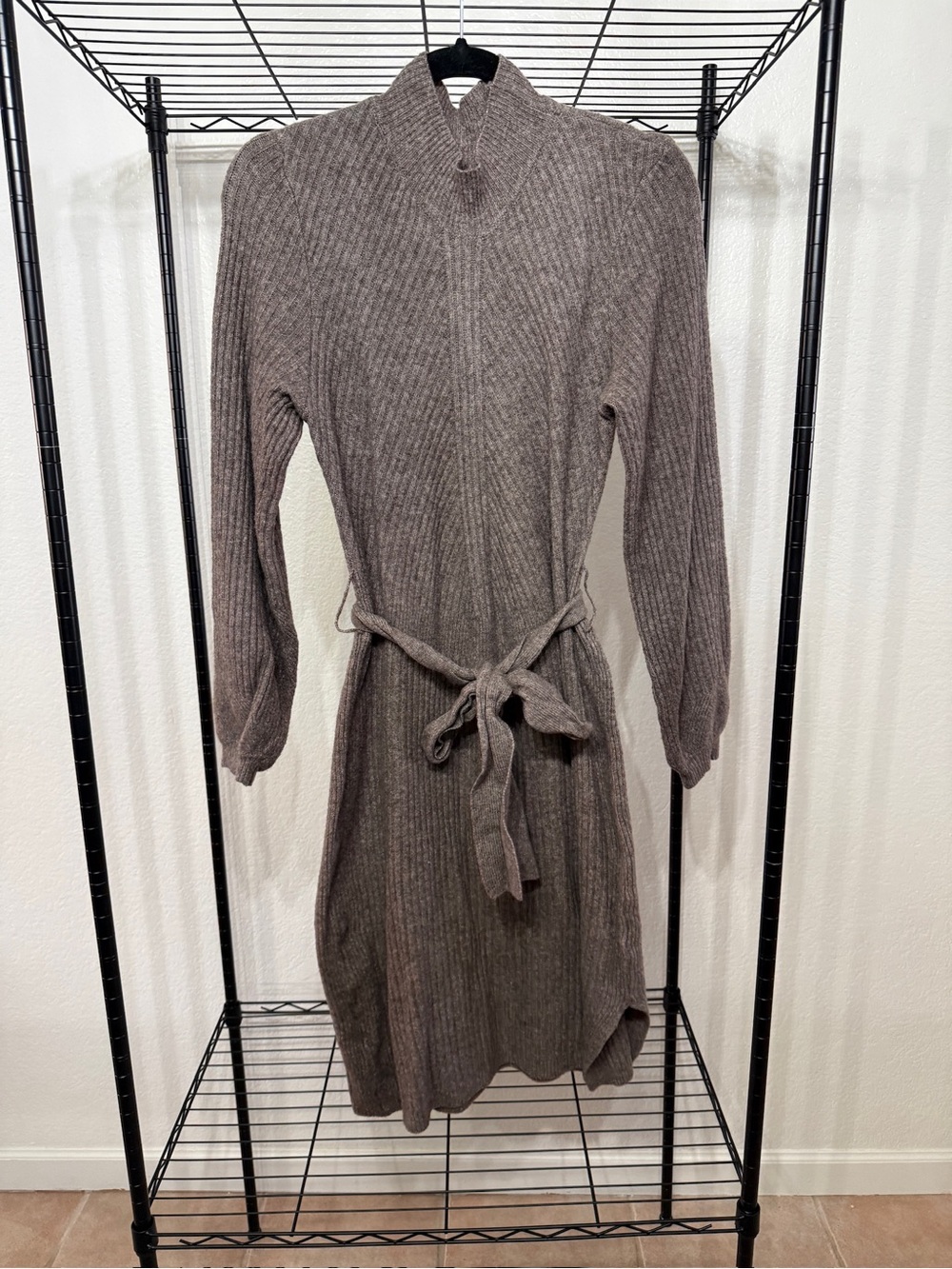 Ribbed Long-Sleeve Belted Knit Dress in Taupe